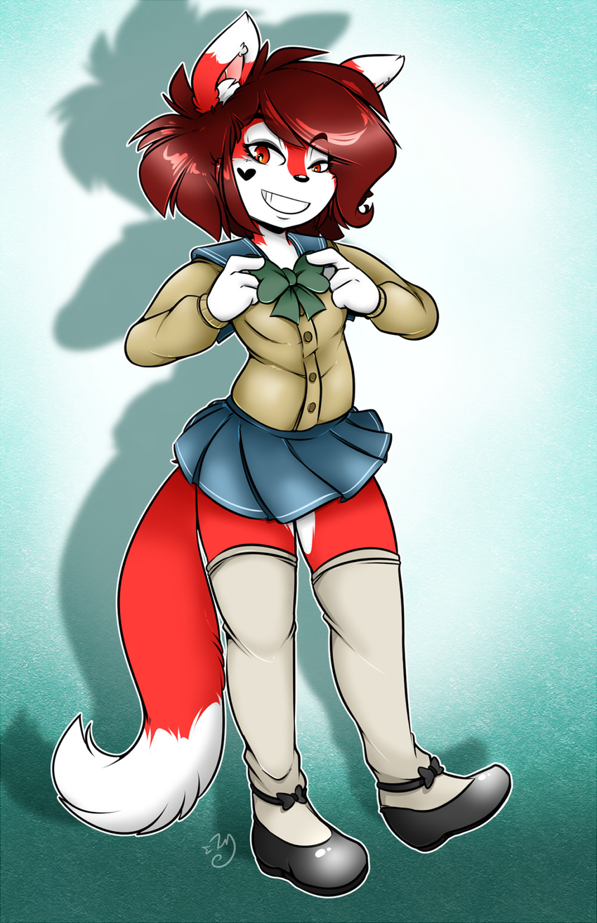 &lt;3 2017 alternate_species anthro auburn_hair black_nose breasts canine cinnamon_swirl clothed clothing dipstick_tail duckdraw female fox fur gradient_background hair inner_ear_fluff knee_socks legwear looking_at_viewer mammal markings miniskirt multicolored_tail red_eyes red_fur school_uniform simple_background skirt small_breasts smile socks solo thigh_highs toothy_grin uniform white_fur