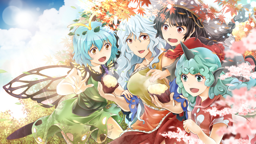 ajirogasa animal_ears aqua_hair arkatopia autumn autumn_leaves bangs black_hair blue_hair blue_sky braid breasts brown_eyes butterfly_wings capelet cloud collared_shirt commentary_request curly_hair day dress eternity_larva food green_dress green_eyes hat horn komano_aun large_breasts lens_flare long_hair multicolored multicolored_clothes multicolored_dress multiple_girls outdoors red_capelet red_eyes red_shirt sakata_nemuno seasons shirt short_dress short_hair short_sleeves single_braid single_strap sky smile spring_(season) summer sun sweet_potato touhou wing_collar wings winter yatadera_narumi