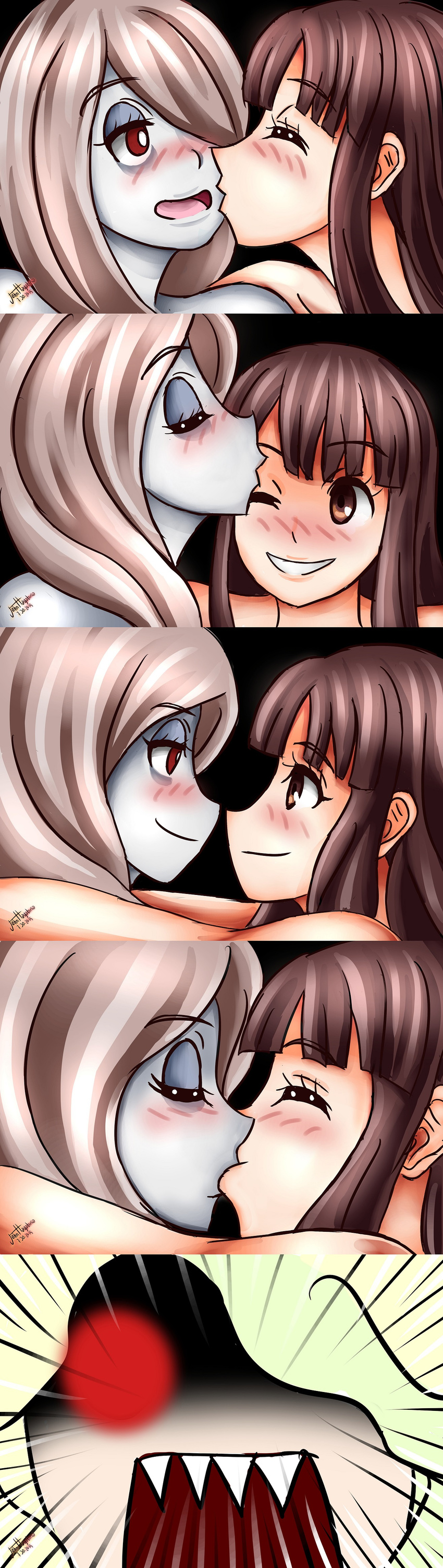 3girls 5koma :d ;d angry arm artist_name bare_arms bare_shoulders blonde_hair blush brown_eyes brown_hair cheek_kiss clenched_teeth closed_mouth comic couple dated diana_cavendish eye_contact eyebrows_visible_through_hair eyes_closed eyeshadow face-to-face female friends glowing glowing_eyes hair_over_one_eye half-closed_eyes happy hug jealous john_hayabusa kagari_atsuko kiss lavender_hair little_witch_academia long_hair looking_at_another looking_at_viewer makeup multiple_girls mutual_yuri neck one_eye_closed open_mouth pale_skin red_eyes screaming shaded_face sharp_teeth smile sucy_manbavaran teeth upper_body wince wink yuri