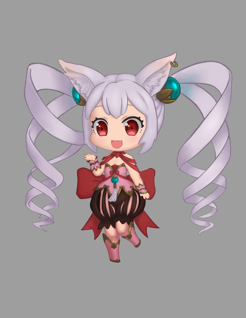 absurdres animal_ears bare_shoulders cat_ears chibi drill_hair eyebrows full_body grey_hair highres long_hair looking_at_viewer open_mouth original red_eyes smile solo twin_drills twintails xian_yu_zhanshi