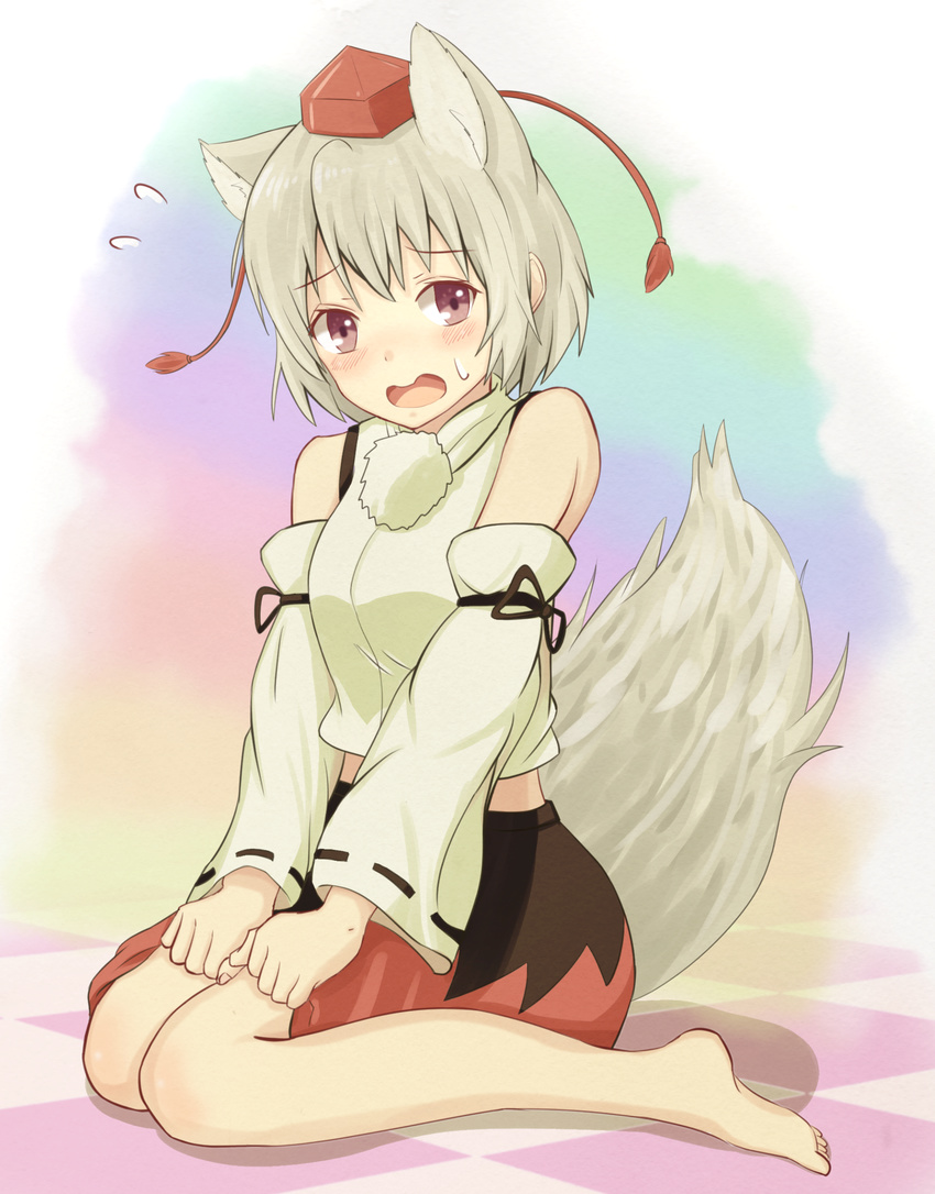 animal_ears barefoot black_skirt blush breasts detached_sleeves ears eyebrows eyebrows_visible_through_hair full_body grey_hair hair_between_eyes hands_in_lap hat highres inubashiri_momiji medium_breasts midriff_peek open_mouth pom_pom_(clothes) red_eyes red_skirt ritekkun short_hair skirt tail tiled_floor tokin_hat touhou wolf_girl wolf_tail