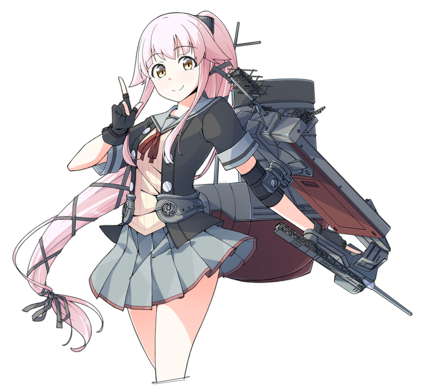 aa_gun baseu black_gloves black_jacket buttons cannon catapult gloves green_eyes grey_sailor_collar grey_skirt hair_flaps hair_ornament hair_ribbon jacket kantai_collection long_hair mast neck_ribbon partly_fingerless_gloves pink_hair pleated_skirt ponytail radar red_ribbon remodel_(kantai_collection) ribbon sailor_collar school_uniform serafuku short_sleeves skirt smile smokestack solo turret very_long_hair yura_(kantai_collection)