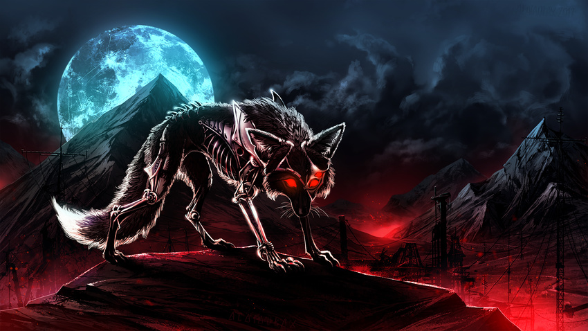 2017 alaiaorax ambiguous_gender canine cybernetics cyborg detailed_background digital_media_(artwork) feral fox machine mammal moon night outside paws red_eyes sky solo