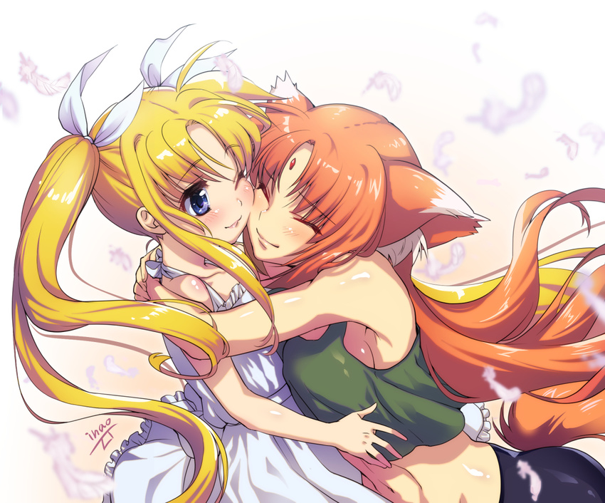 animal_ears arf artist_name bangs black_shorts blonde_hair blue_eyes breasts cheek-to-cheek closed_eyes closed_mouth commentary_request dress eyebrows_visible_through_hair fate_testarossa feathers forehead_jewel frilled_dress frills from_side fundoshi_inao green_shirt hair_ribbon hug long_hair looking_at_another lyrical_nanoha mahou_shoujo_lyrical_nanoha md5_mismatch medium_breasts medium_dress midriff multiple_girls navel one_eye_closed parted_bangs red_hair ribbon shirt shorts sideboob signature smile standing sundress tail tank_top twintails upper_body white_background white_dress white_ribbon
