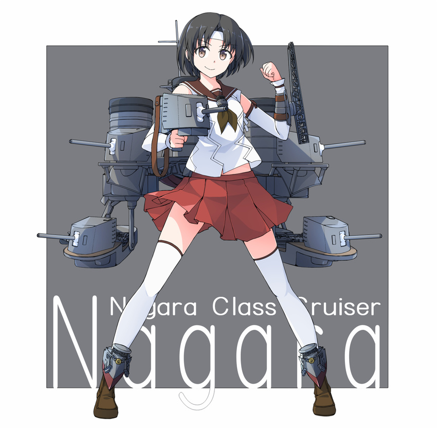 ascot baseu black_hair blouse boots brown_eyes cannon catapult character_name detached_sleeves headband kantai_collection mast nagara_(kantai_collection) pleated_skirt sailor_collar school_uniform serafuku short_hair side_ponytail skirt smile smokestack solo thighhighs torpedo torpedo_tubes turret white_background white_legwear