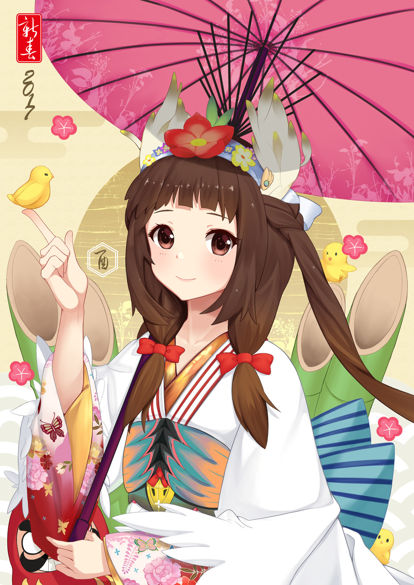 2017 absurdres blush bow brown_eyes brown_hair closed_mouth eyebrows flower hair_bow hair_flower hair_ornament highres holding holding_umbrella long_hair long_sleeves looking_at_viewer original parasol red_bow smile solo umbrella upper_body xian_yu_zhanshi