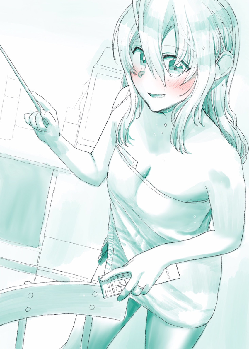 alternate_costume alternate_hairstyle aqua blush breasts chair chopsticks cleavage commentary controller cowboy_shot eyebrows_visible_through_hair hair_between_eyes hair_down highres holding holding_chopsticks jewelry kantai_collection long_hair looking_at_viewer monochrome naked_towel open_mouth remote_control ring small_breasts smile solo spot_color teeth tone_(kantai_collection) towel water wedding_band wet yami_(m31)