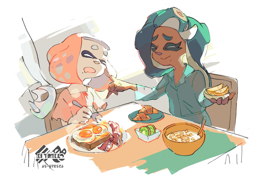 bacon bowl breakfast cereal cheek_poking commentary croissant crown crown_removed dark_skin egg food fork fruit headwear_removed highres hime_(splatoon) iida_(splatoon) inoue_seita kiwifruit milk mole mole_under_mouth multiple_girls official_art orange pajamas poking sleepy splatoon_(series) splatoon_2 spoon tentacle_hair toast