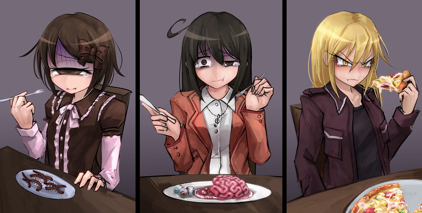 &gt;:( :t black_hair blonde_hair blush bow brain brown_bow brown_eyes brown_hair bug centipede closed_mouth cum cum_on_food cum_string cyclops disgust eating eyebrows_visible_through_hair food fork frown gokkun grey_background hair_between_eyes hair_bow half-closed_eye highres hitomebore holding holding_fork holding_knife insect knife long_hair looking_at_viewer multiple_girls one-eyed pizza plate ray-k sadokawa_rui shaded_face short_hair simple_background smile tears tsunemi_akemi turn_pale usui_sachi v-shaped_eyebrows yellow_eyes