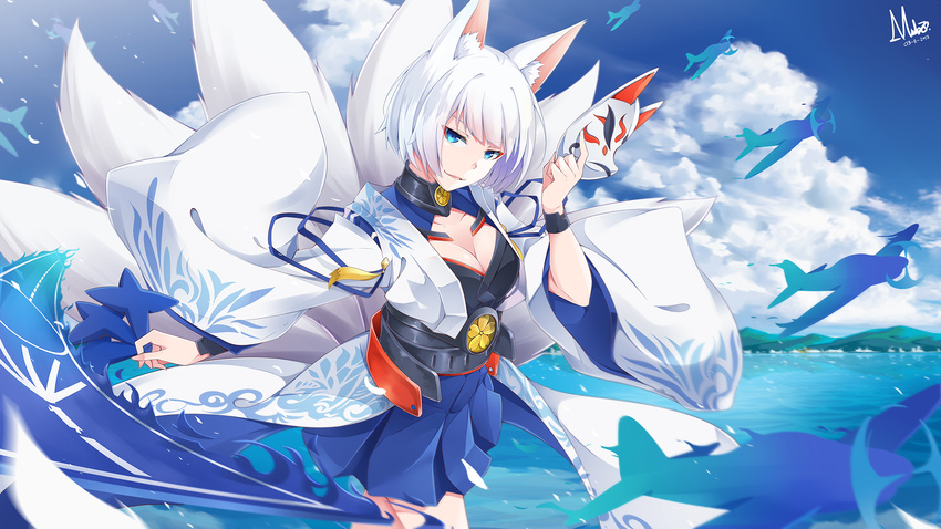 aircraft airplane animal_ears artist_name azur_lane bangs blue_eyes blue_skirt blue_sky breasts cloud cloudy_sky commentary_request day fox_ears fox_mask hakama_skirt highres holding holding_mask japanese_clothes kaga_(azur_lane) kimono kitsune looking_at_viewer masabodo mask ocean open_clothes open_kimono outdoors parted_lips pleated_skirt revision short_hair skirt sky small_breasts smile solo tsurime white_hair white_kimono