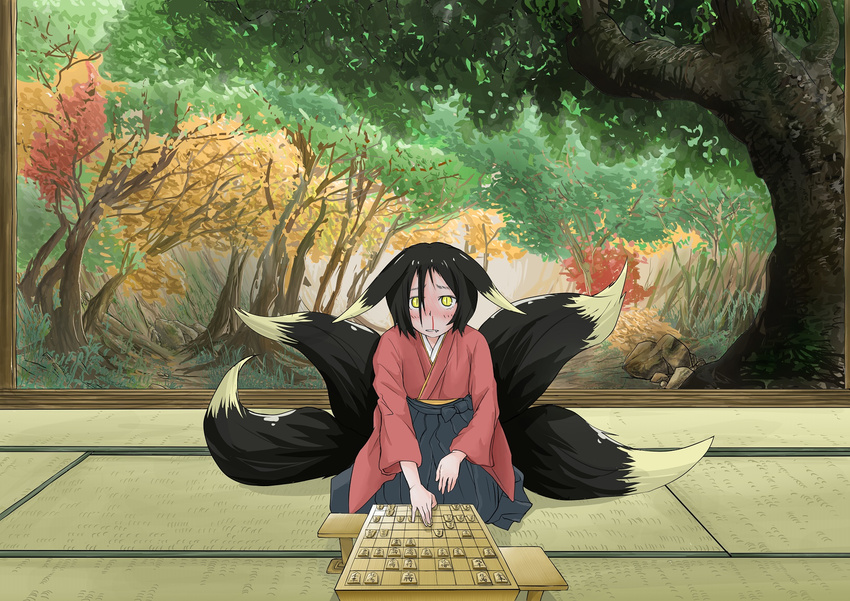 animal_ears black_hair blood blue_hakama blush board_game commentary_request doitsuken fang fang_out forest fox_ears fox_tail hakama highres japanese_clothes long_sleeves looking_at_viewer multiple_tails nature nosebleed original parted_lips playing_games pov pov_across_table scenery seiza shougi sitting sliding_doors slit_pupils solo tail tree veranda wide_sleeves yellow_eyes