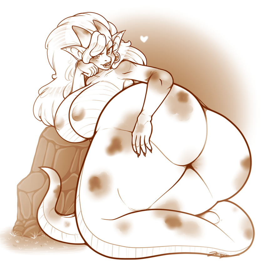 &lt;3 big_breasts big_butt breasts butt commission-mission female hair horn huge_breasts huge_butt looking_at_viewer makeup monochrome naga nipples reptile scalie snake solo thick_thighs voluptuous