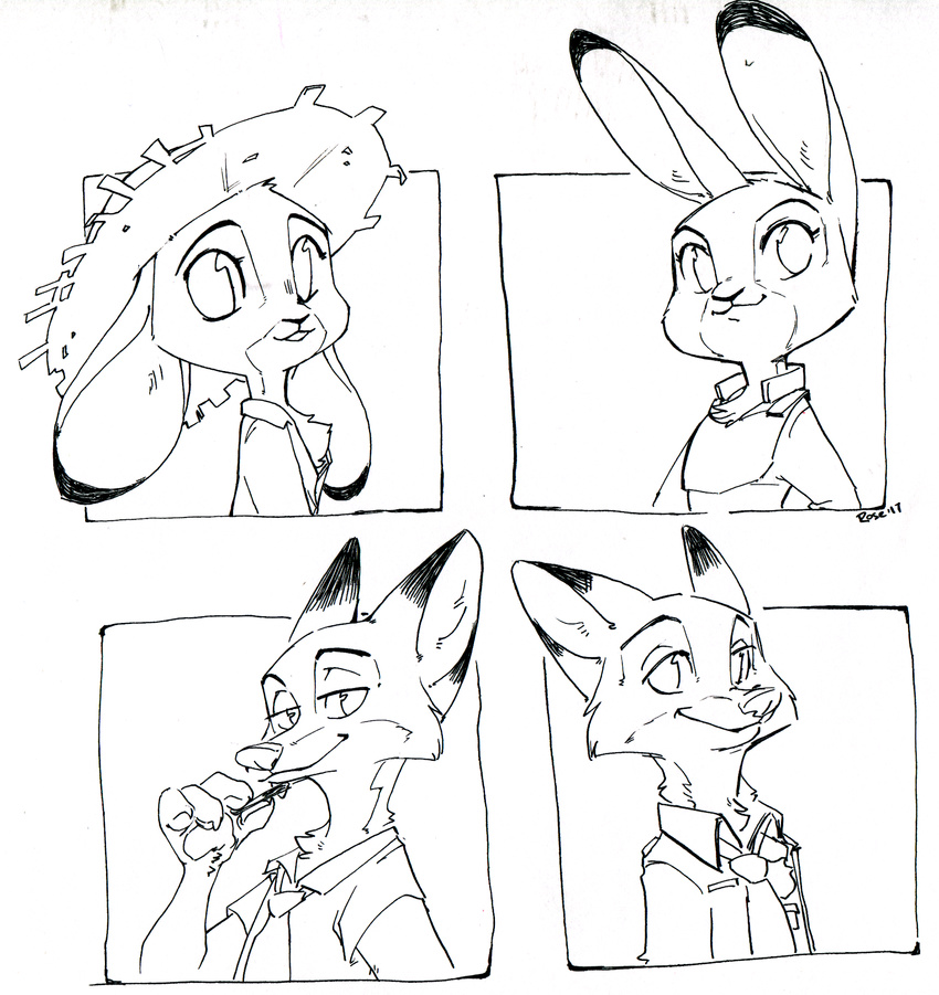 2017 anthro belt black_and_white briskby bulletproof_vest canine chest_tuft clothed clothing dipstick_ears disney duo female fox hat judy_hopps lagomorph looking_at_viewer male mammal monochrome necktie nick_wilde police_uniform rabbit signature simple_background smile straw_hat tuft uniform utility_belt white_background zootopia