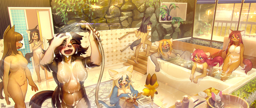 2017 4_fingers anthro aruurara assisted_bathing barefoot bath bathing bathroom bathtub biped black_eyebrows black_hair black_nose black_tail blue_eyes blue_fur blue_tail blush breasts brown_hair brown_tail canine cat detailed_background digital_media_(artwork) dog eyebrows eyes_closed featureless_breasts featureless_crotch feline female fur grey_fur group hair heterochromia holding_object inside lens_flare long_hair mammal multicolored_fur naturally_censored nude orange_hair partially_submerged pink_eyes pink_hair pink_tail reclining relaxing signature sitting size_difference soap standing tan_fur two_tone_fur water wet white_fur yellow_fur yellow_tail