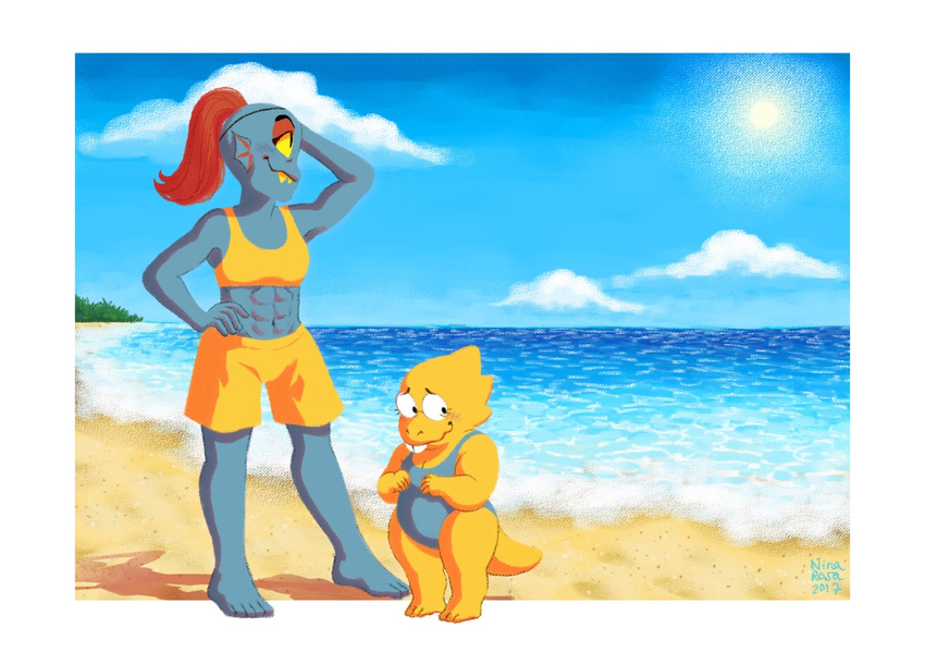 2017 3_toes 4_fingers 5_fingers 5_toes abs alphys animal_humanoid anthro beach biceps big_thighs biped blue_body blue_clothing blush border bra breasts buckteeth cleavage clothed clothing cloud digital_media_(artwork) digital_painting_(artwork) duo ear_frills eye_patch eyelashes eyeshadow eyewear fangs feet female fish_humanoid frill front_view full-length_portrait glasses hair hand_behind_head hand_on_hip humanoid humanoid_feet humanoid_hands lighting looking_away looking_up makeup midriff muscular muscular_female navel nina-rosa-draw non-mammal_breasts one-piece_swimsuit outside outside_border overweight overweight_female pince-nez ponytail portrait pose red_hair reptile sand scalie sea seaside shadow shorts shy size_difference sky small_breasts smile spikes sports_bra standing sun sunlight swimsuit teeth thick_tail toes tree undertale underwear undyne video_games water white_border yellow_body yellow_bottomwear yellow_clothing yellow_tail yellow_topwear