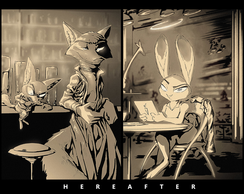 2017 anthro barefoot canine chair choker clothed clothing disney english_text fanfic_art female fennec finnick fox group holding_object judy_hopps lagomorph male mammal monochrome nick_wilde open_jacket rabbit sepia sitting smile standing table tablet text thewyvernsweaver zootopia