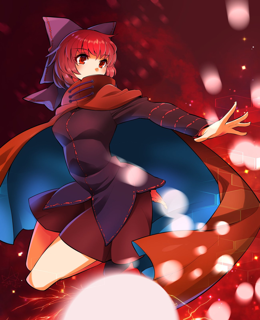 black_shirt blurry blush bow breasts cape covered_mouth danmaku depth_of_field grid hair_bow highres long_sleeves looking_afar materializing medium_breasts motion_blur open_hand outstretched_arm pleated_skirt red red_cape red_eyes red_hair red_pupils red_skirt reflective_eyes sekibanki shiny shiny_hair shirt short_hair signature skirt solo sparkle thighs touhou umigarasu_(kitsune1963)