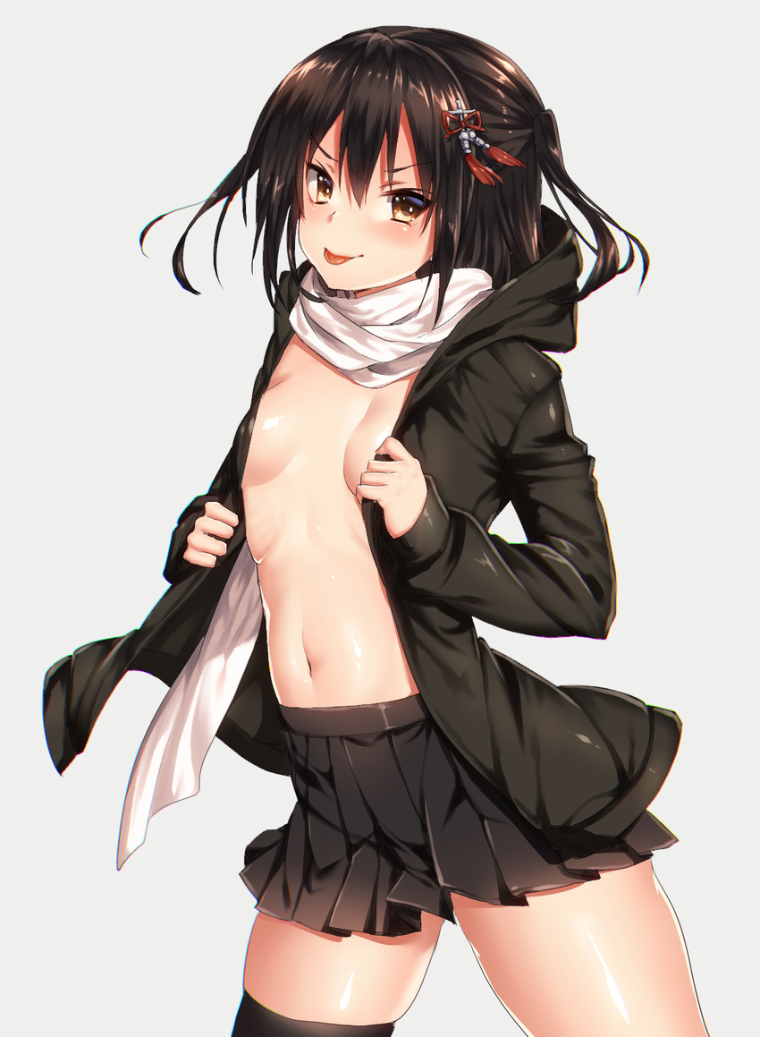 :p black_legwear blush breasts brown_eyes brown_hair cowboy_shot grey_background hair_between_eyes hair_ornament highres hood hoodie kantai_collection keita_(tundereyuina) looking_at_viewer medium_hair navel no_bra open_clothes open_shirt pleated_skirt scarf sendai_(kantai_collection) shirt simple_background single_thighhigh skirt sleeves_past_wrists small_breasts smile solo thighhighs tongue tongue_out two_side_up v-shaped_eyebrows white_scarf