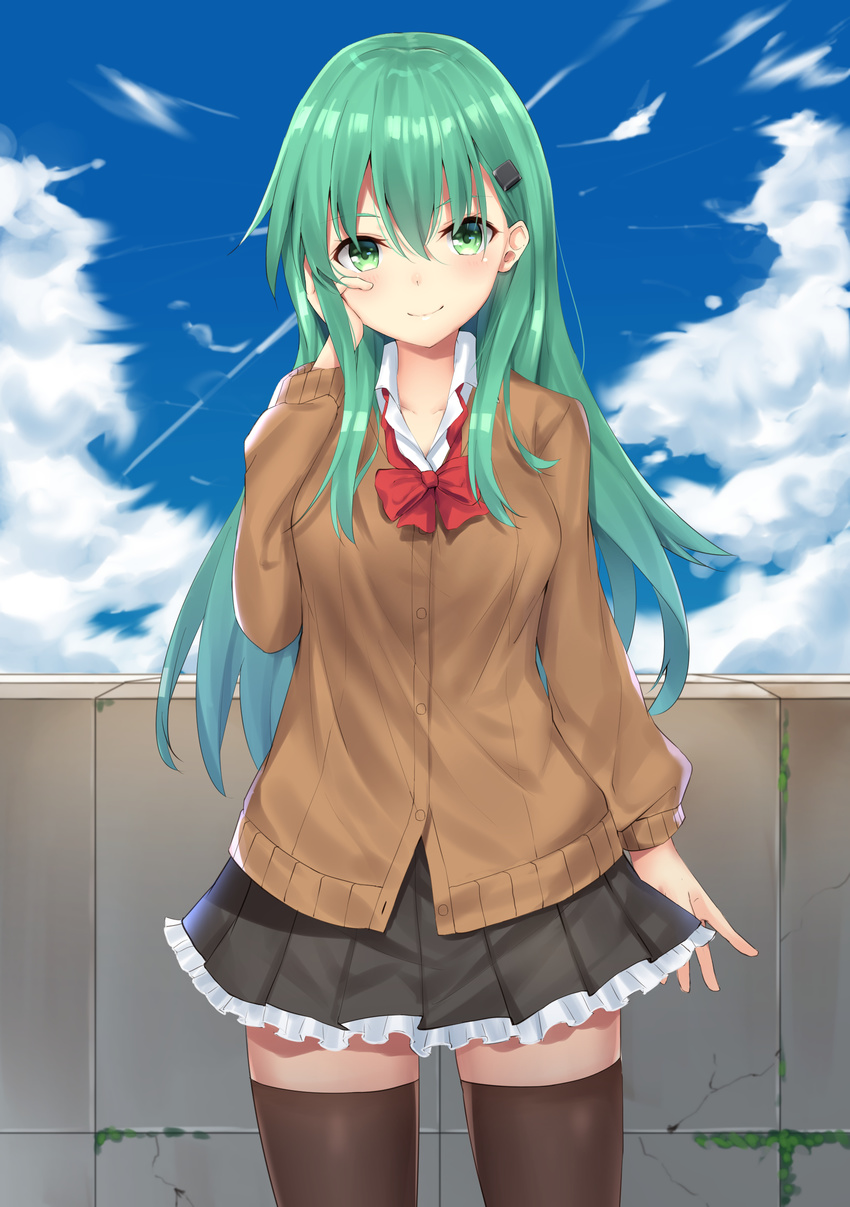 absurdres aqua_eyes aqua_hair ascot blue_sky breasts brown_legwear brown_skirt cardigan cloud day hair_ornament hairclip highres kantai_collection long_hair long_sleeves medium_breasts phano_(125042) pleated_skirt remodel_(kantai_collection) school_uniform skirt sky smile suzuya_(kantai_collection) thighhighs wall