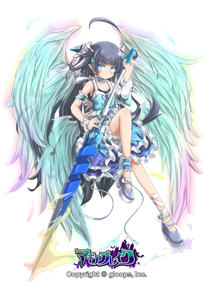 ahoge akino_coto ankle_garter arm_garter asymmetrical_clothes black_hair blue_eyes detached_sleeves frills full_body hair_ornament highres lance long_hair looking_at_viewer md5_mismatch multicolored multicolored_wings official_art original pointy_ears polearm single_detached_sleeve solo transparent_background weapon wings