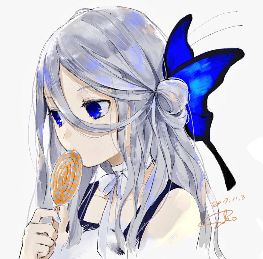 blue_eyes butterfly_hair_ornament candy choker dated dress food from_side grey_background grey_hair hair_between_eyes hair_ornament halloween highres holding_lollipop lollipop long_hair original sako_(user_ndpz5754) signature simple_background solo white_neckwear