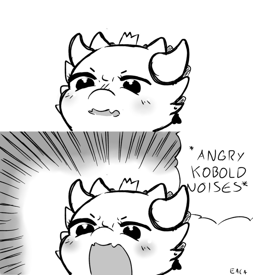 angry anthro black_and_white blush crown english_text female horn kobold kobold_princess meme monochrome open_mouth parody princess puppet-by-night royalty sound_effects text towergirls yelling