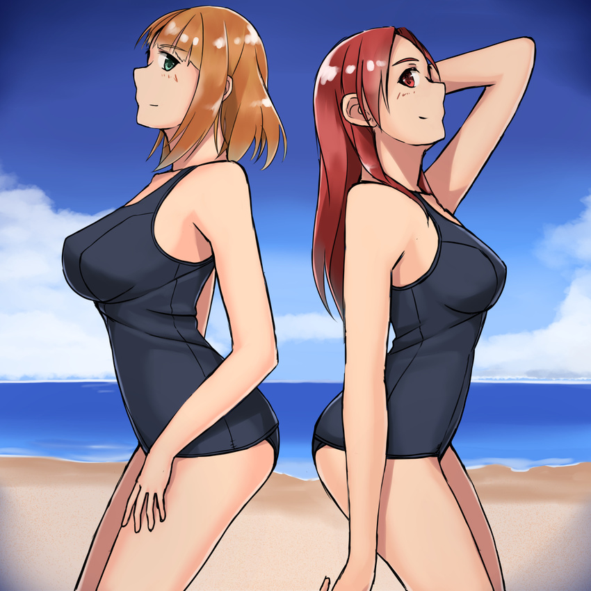 beach blush brave_witches breasts brown_hair collarbone day green_eyes gundula_rall highres hiroshi_(hunter-of-kct) large_breasts minna-dietlinde_wilcke multiple_girls ocean red_eyes red_hair short_hair smile strike_witches swimsuit world_witches_series