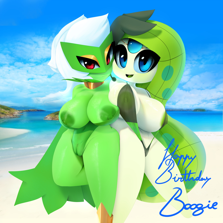 2girls areolae beach bikini blue_eyes blue_sky blush breasts cameltoe choker cloud covered_navel day english green_hair green_swimsuit half-closed_eyes happy_birthday large_breasts leg_lift legs_apart long_hair looking_at_viewer meloetta multiple_girls mystical navel nipple_slip nipples no_humans ocean one-piece_swimsuit open_mouth outdoors plant_girl pokemon pokemon_(creature) pokemon_bw pokemon_dppt red_eyes roserade see-through shiny_skin short_hair sky sling_bikini smile standing standing_on_one_leg strapless strapless_swimsuit swimsuit teeth text water white_hair white_skin