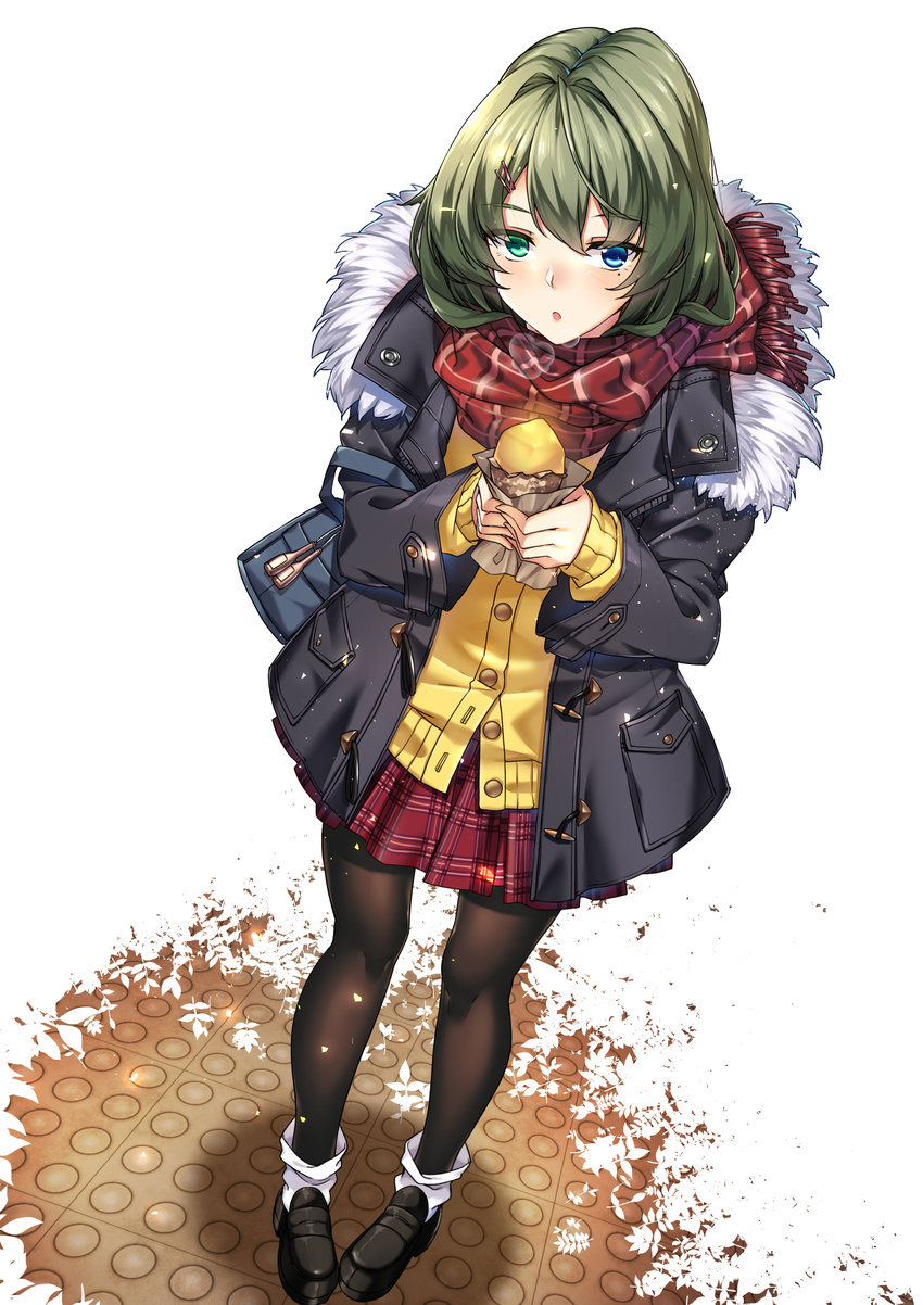 :o bangs black_legwear blue_eyes coat commentary_request duffel_coat eyebrows_visible_through_hair food from_above fur_coat green_eyes green_hair heterochromia highres holding holding_food idolmaster idolmaster_cinderella_girls looking_at_viewer mole mole_under_eye open_clothes open_coat pantyhose plaid plaid_scarf plaid_skirt pleated_skirt purple_skirt red_scarf scarf shirokuma_a short_hair skirt solo standing sweet_potato takagaki_kaede yakiimo