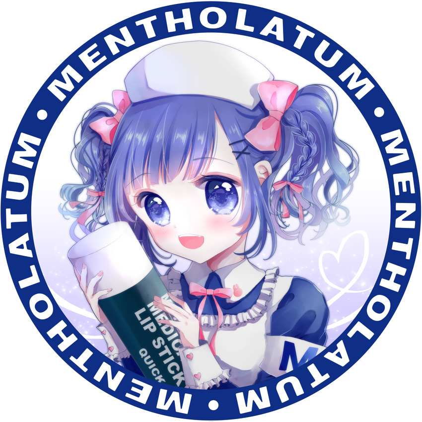 :d absurdres armband blue_eyes blue_hair blush braid copyright_name english highres lipstick little_nurse looking_at_viewer makeup medium_hair mentholatum nail_polish nurse open_mouth pink_nails rabbitruu round_image short_hair short_twintails smile solo twintails two_side_up upper_body