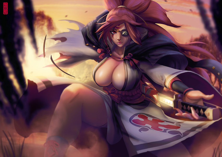 amputee baiken breasts cleavage cloak commentary eyepatch facial_tattoo facing_viewer fighting_stance guilty_gear guilty_gear_xrd high_collar japanese_clothes katana kimono large_breasts long_hair one-eyed one_knee open_clothes open_kimono pink_eyes pink_hair ponytail reverse_grip ruben_de_vela scabbard scar scar_across_eye serious sheath solo sword tattoo unsheathing weapon