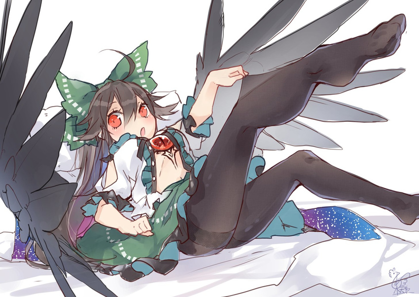 ahoge bed black_legwear black_wings blush body_markings bow breasts brown_hair cape frilled_skirt frilled_sleeves frills green_skirt hair_bow large_wings legs long_hair looking_at_viewer lying medium_breasts navel on_back open_clothes open_mouth open_shirt pantyhose pantyhose_tug pillow_support red_eyes reiuji_utsuho shiny shiny_clothes shirt short_sleeves signature sketch skirt solo space thighband_pantyhose thighs third_eye toes touhou toutenkou very_long_hair wings