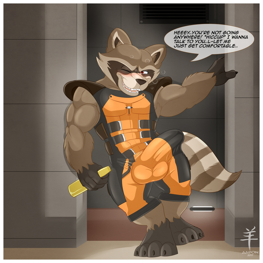 aaron_(artist) anthro big_bulge bulge clothing dialogue drunk english_text guardians_of_the_galaxy looking_at_viewer male mammal marvel muscular muscular_male one_eye_closed open_mouth penis_shaped_bulge procyonid raccoon rocket_raccoon smile solo standing text tight_clothing wink