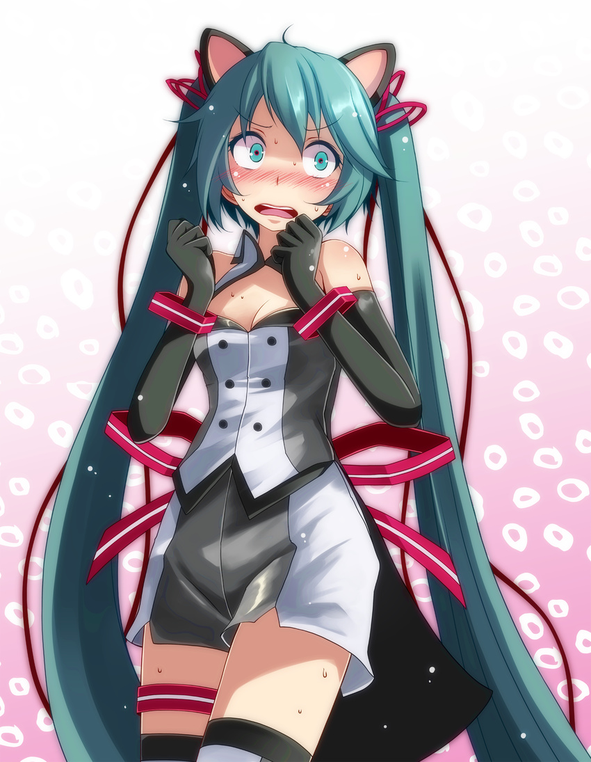 absurdres animal_ears aqua_eyes aqua_hair bad_id bad_pixiv_id bare_shoulders black_legwear blush bracelet breasts cat_ears cleavage cowboy_shot double-breasted elbow_gloves gloves gradient gradient_background hair_ribbon hatsune_miku highres jewelry kemonomimi_mode long_hair looking_at_viewer nijigen_dream_fever_(vocaloid) nose_blush open_mouth pink_background project_diva_(series) project_diva_f_2nd red_ribbon ribbon round_teeth shorts sleeveless small_breasts solo standing surprised sweat tareme teeth thigh_strap tsukishiro_saika twintails very_long_hair vest vocaloid wavy_mouth wide-eyed