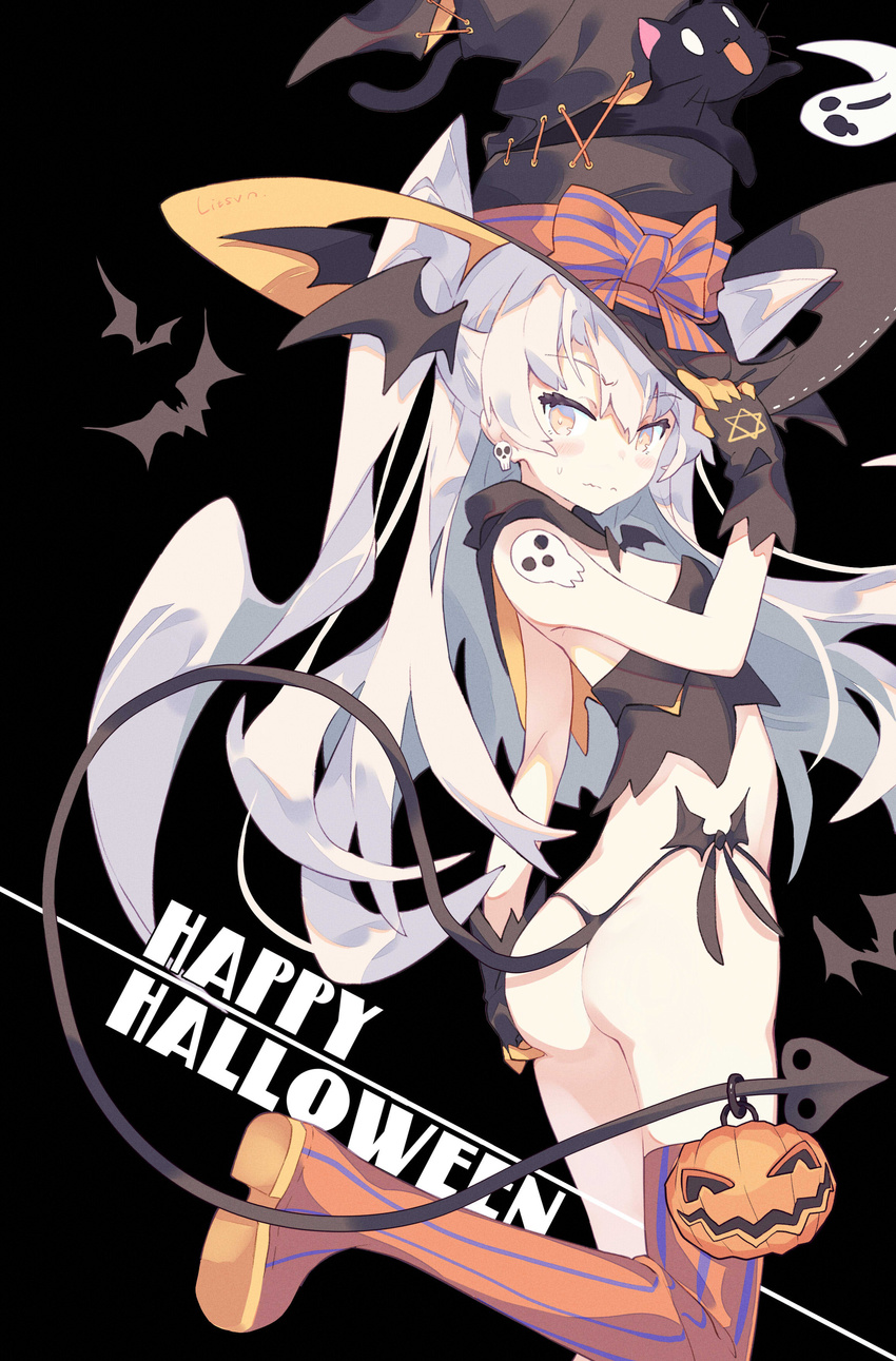 absurdres amatsukaze_(kantai_collection) arm_up ass black_background black_cat black_gloves black_panties boots bow breasts bustier capelet cat closed_mouth earrings eyebrows_visible_through_hair fake_tail from_side gloves grey_hair halloween hand_on_headwear hand_on_own_ass hat hat_bow hexagram highleg highleg_panties highres jack-o'-lantern jewelry kantai_collection leg_up litsvn long_hair looking_at_viewer orange_eyes orange_legwear panties shinigami_sama side-tie_panties simple_background single_thighhigh skull_earrings small_breasts solo soul_eater standing standing_on_one_leg star_of_david striped striped_legwear sweatdrop tail thigh_boots thighhighs thong two_side_up underwear vertical-striped_legwear vertical_stripes very_long_hair wavy_mouth witch_hat