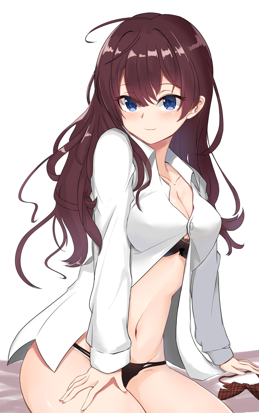 absurdres black_bra black_panties blue_eyes blush bow bowtie_removed bra breasts brown_bow brown_hair brown_neckwear cleavage collarbone floating_hair groin hair_between_eyes highres ichinose_shiki idolmaster idolmaster_cinderella_girls instant_(ioarthus) long_hair medium_breasts navel open_clothes open_shirt panties shiny shiny_skin shirt simple_background smile solo stomach underwear white_background white_shirt