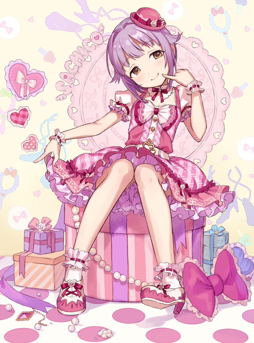 amulet bad_id bad_pixiv_id bangs bare_legs belt belt_buckle blush bow box brown_eyes buckle character_name choker closed_mouth detached_collar diagonal_stripes dress eyebrows_visible_through_hair finger_to_mouth frilled_bow frilled_dress frilled_legwear frilled_pillow frills full_body gift gift_box hand_mirror hat head_tilt heart heart_buckle heart_pillow high_heels highres idolmaster idolmaster_cinderella_girls idolmaster_cinderella_girls_starlight_stage jewelry koshimizu_sachiko looking_at_viewer mini_hat mirror nail_polish_bottle on_box pearl pillow pink_bow pink_dress pink_footwear pink_hat plaid polka_dot puffy_short_sleeves puffy_sleeves purple_hair ribbon ribbon_choker short_hair short_sleeves sidelocks sitting sitting_on_box sitting_on_object skirt_hold smile socks solo striped tamaext vertical_stripes white_belt white_legwear wrist_cuffs