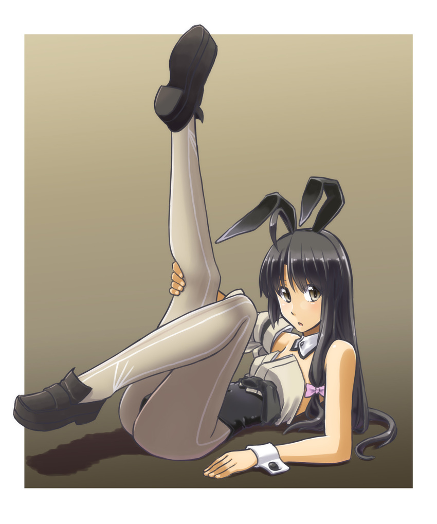 adapted_costume alto-00 animal_ears bare_shoulders black_hair black_leotard brown_eyes bunny_ears detached_collar fake_animal_ears grey_background grey_legwear highres japanese_clothes kantai_collection leg_up leotard long_hair low-tied_long_hair lying pantyhose shoes shouhou_(kantai_collection) single_sleeve solo white_background wrist_cuffs