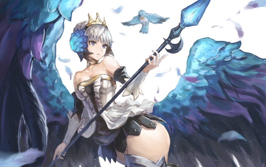 absurdres bare_shoulders bird blue_eyes choker cowboy_shot expressionless feathered_wings feathers gwendolyn highres holding holding_spear holding_weapon multicolored multicolored_wings na_(oagenosuke) odin_sphere polearm short_hair simple_background skirt solo spear thick_thighs thighhighs thighs tiara weapon white_background white_hair wings yellow_neckwear