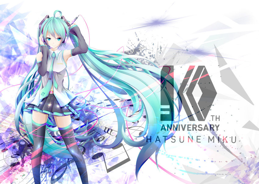 ahoge anniversary beamed_eighth_notes black_footwear black_skirt blue_eyes blue_hair blue_neckwear boots character_name detached_sleeves eighth_note feet_out_of_frame floating_hair grey_shirt hair_ornament half_note hatsune_miku headphones highres holding holding_microphone kyon-u long_hair looking_at_viewer microphone miniskirt musical_note pleated_skirt quarter_note sharp_sign shirt sixteenth_note skirt sleeveless sleeveless_shirt solo sparkle staff_(music) standing thigh_boots thighhighs thirty-second_note treble_clef twintails very_long_hair vocaloid