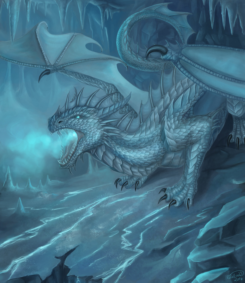 2016 blue_eyes blue_scales claws detailed_background digital_media_(artwork) dragon feral horn ice membranous_wings open_mouth scales scalie sclaes solo spines teeth tongue western_dragon wings x-celebril-x