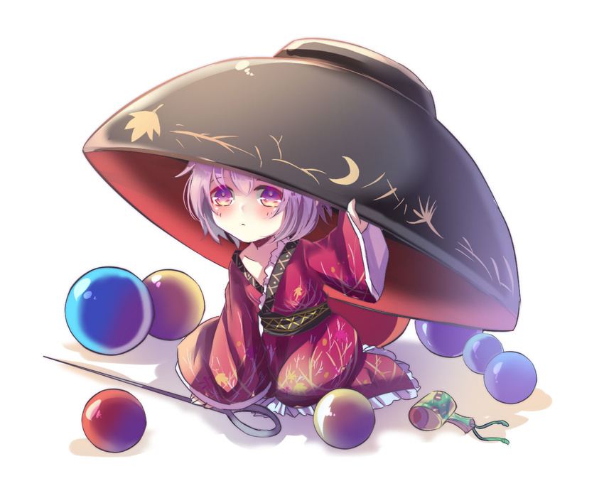 ball bowl frills japanese_clothes kimono long_sleeves looking_at_viewer marble miracle_mallet needle nga_(artist) purple_eyes purple_hair short_hair simple_background solo sukuna_shinmyoumaru touhou white_background wide_sleeves