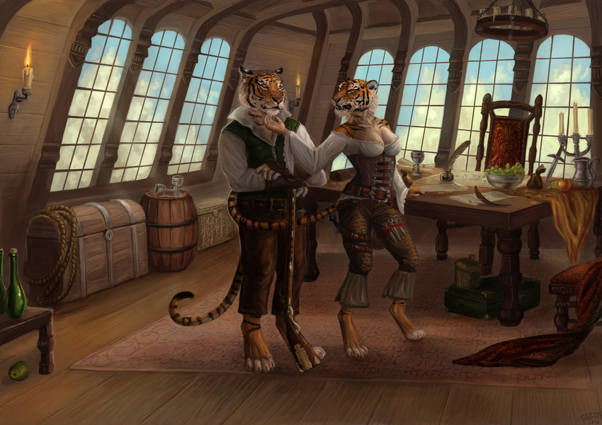 2016 anthro barefoot breasts candle clothed clothing detailed_background digital_media_(artwork) digitigrade duo feline female fur gun holding_object holding_weapon male mammal orange_fur ranged_weapon rifle striped_fur stripes tiger weapon x-celebril-x