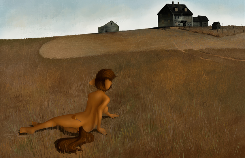 anthro anthrofied building butt equine fan_character female field horse house inspired_by_proper_art lying mammal marsminer my_little_pony nude outside pony rear_view sky solo venus_spring