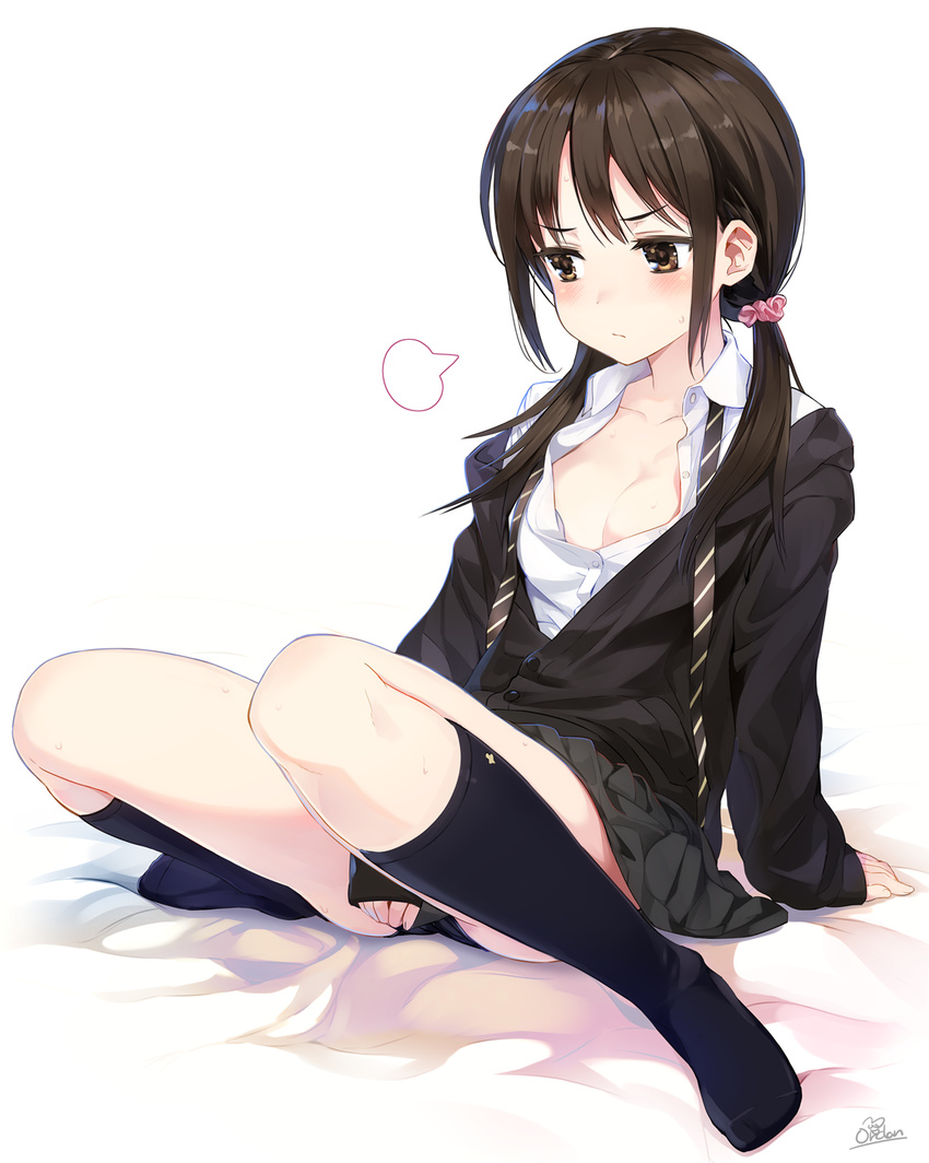 =3 amagai_tarou arm_at_side arm_support artist_name bangs bed_sheet between_legs black_panties black_skirt blush breasts brown_eyes brown_hair brown_neckwear buttons cardigan cleavage closed_mouth clothes_tug collarbone dress_shirt embarrassed eyebrows_visible_through_hair fingernails full_body hair_ornament hair_over_shoulder hair_scrunchie hand_between_legs highres kneehighs knees_up long_fingernails long_sleeves looking_to_the_side low_twintails medium_breasts miniskirt navy_blue_legwear no_bra on_bed open_clothes open_shirt original panties pantyshot pantyshot_(sitting) partially_unbuttoned pink_scrunchie pleated_skirt school_uniform scrunchie shirt sidelocks sigh signature sitting sitting_on_bed skirt sleeves_past_wrists small_breasts solo spread_legs striped striped_neckwear sweat sweatdrop sweater sweater_tug twintails unbuttoned unbuttoned_shirt underwear white_background white_shirt