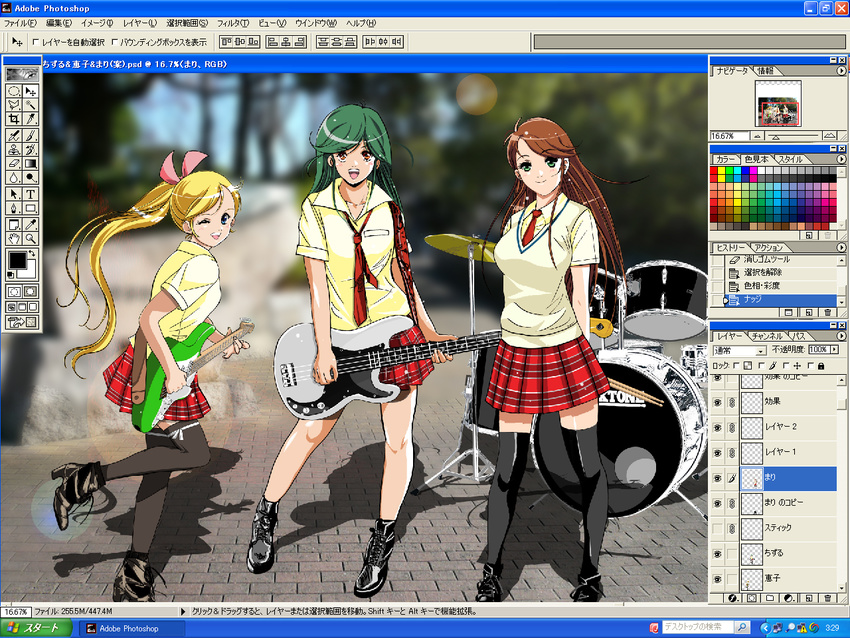 3girls adobe_photoshop blonde_hair blue_eyes brown_eyes brown_hair choudenji_robo_combattler_v crossover drum_set electric_guitar green_eyes green_hair instrument kamikita_keiko long_hair multiple_girls musical_instrument muteki_choujin_zambot_3 nanbara_chizuru nusi plaid_skirt raideen_(series) sakurano_mari skirt thighhighs