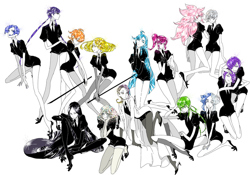 alexandrite_(houseki_no_kuni) amethyst_(houseki_no_kuni) androgynous benitoite_(houseki_no_kuni) black_footwear black_gloves black_hair black_legwear black_neckwear black_shorts blonde_hair blue_eyes blue_hair bort braid diamond_(houseki_no_kuni) elbow_gloves euclase_(houseki_no_kuni) everyone gem_uniform_(houseki_no_kuni) gloves goshenite_(houseki_no_kuni) green_eyes green_hair hair_rings heterochromia highres houseki_no_kuni hug hug_from_behind jade_(houseki_no_kuni) kneehighs labcoat long_hair low_twintails morganite_(houseki_no_kuni) multicolored_hair multiple_others necktie neptunite_(houseki_no_kuni) p_s pink_eyes pink_hair purple_eyes purple_hair red_beryl_(houseki_no_kuni) rutile_(houseki_no_kuni) sewing shirt short_hair short_sleeves shorts siblings side_ponytail silver_eyes silver_hair smile sparkle sword thighhighs twins twintails two-tone_hair uniform weapon white_gloves white_legwear white_shirt yellow_diamond_(houseki_no_kuni) yellow_eyes zircon_(houseki_no_kuni)