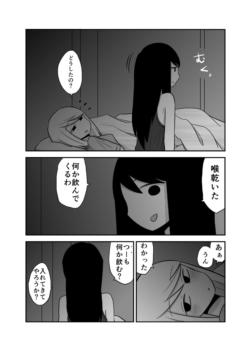 bed blanket blush comic daidou_ayumu daidou_sayo greyscale highres long_hair mochi_au_lait monochrome multiple_girls no_nose original siblings sisters tank_top translated