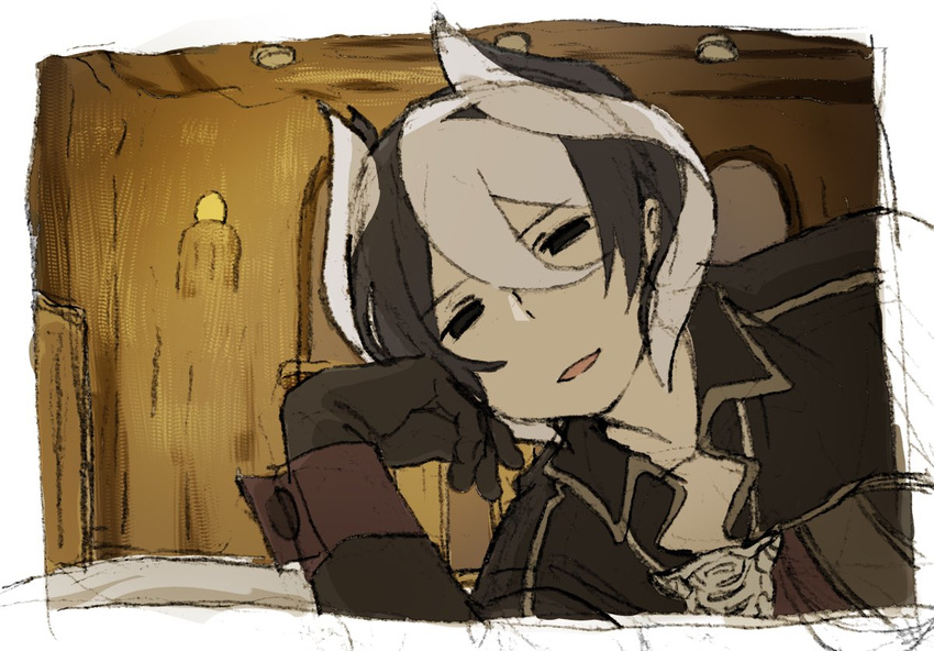 black_cape black_eyes black_gloves black_hair cape commentary_request gloves hair_between_eyes head_rest indoors leaning_to_the_side long_sleeves looking_at_viewer made_in_abyss mi_(pic52pic) ozen parted_lips short_hair smile solo whistle white_hair