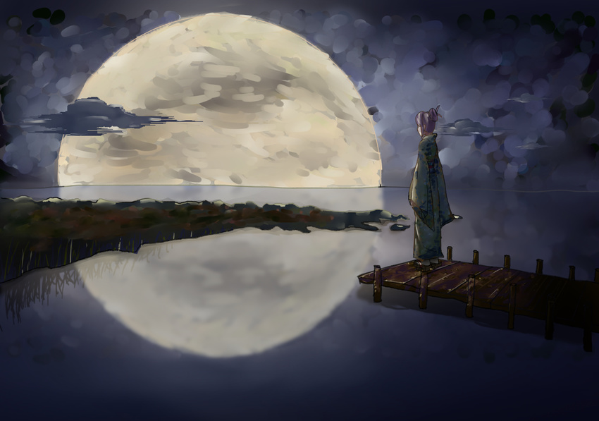 akairi arms_at_sides benten-sama_(uchouten_kazoku) cloud floral_print full_moon geta green_kimono hair_bun hair_ornament impressionism japanese_clothes kimono moon night night_sky pier purple_hair reflecting_pool reflection sky socks uchouten_kazoku water